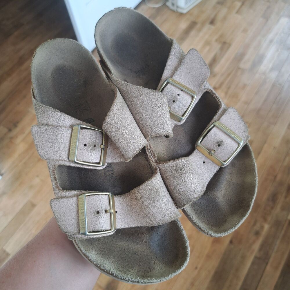 Birkenstock Arizona Womens 37 Washed Metallic Rose Gold Two Strap Sandals Shoe